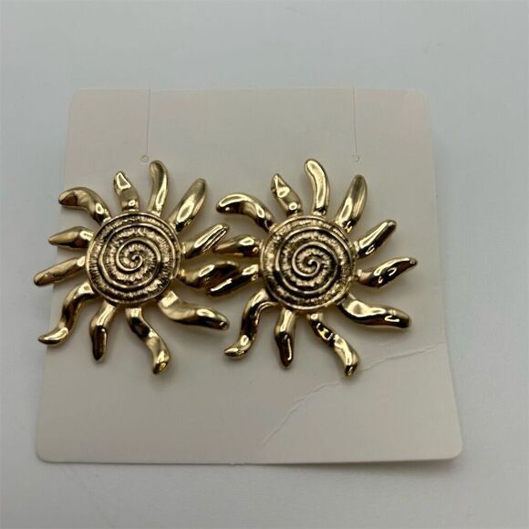 Bohemian Gold Tone Sun Starburst Sunflower Large Stud Pierced Earrings - Picture 4 of 8